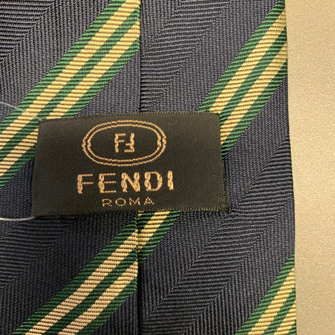 FENDI Navy Gold Diagonal Stripe Silk Tie
