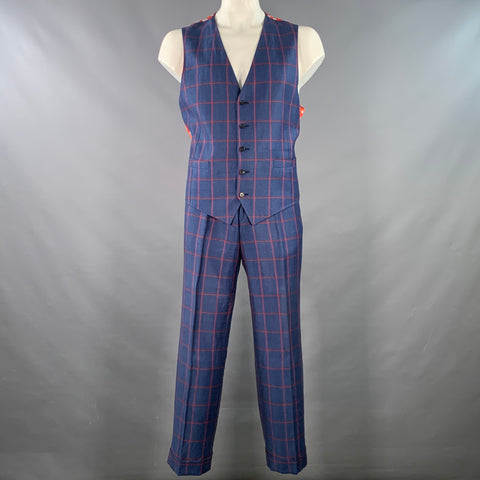 ASTOR & BLACK Size 44 Navy Red Twill Plaid Vest Suit Set