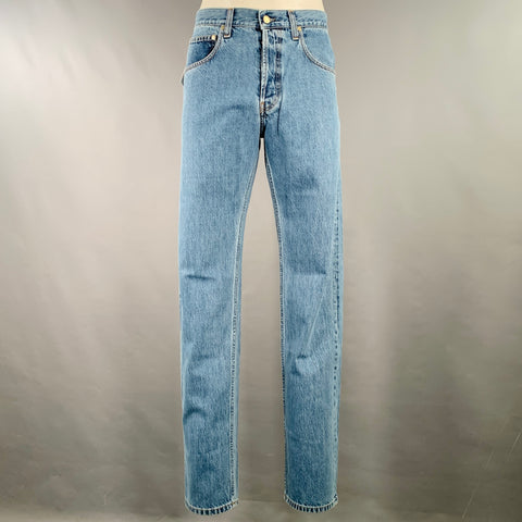 HELMUT LANG Size 34 Blue Twill Cotton Straight Distressed Jeans
