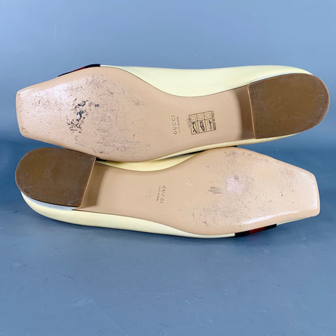 GUCCI Vintage Size 10 Vernice Beige Red Blue Patent Leather Web Bamboo Buckle Flats