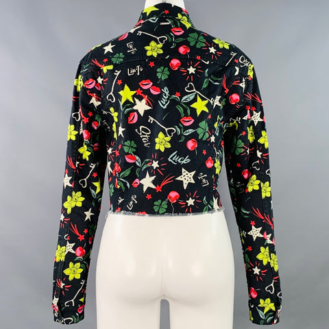 LIU JO Size M Black Multi Color Cotton Blend Print Raw Edge Cropped Jacket
