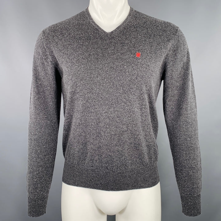 CAROLINA HERRERA Size S Grey Red Knit Wool Silk Cashmere V-Neck Sweater