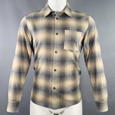 A.P.C. Size S Beige Blue Grey Plaid Cotton One Pocket Long Sleeve Shirt