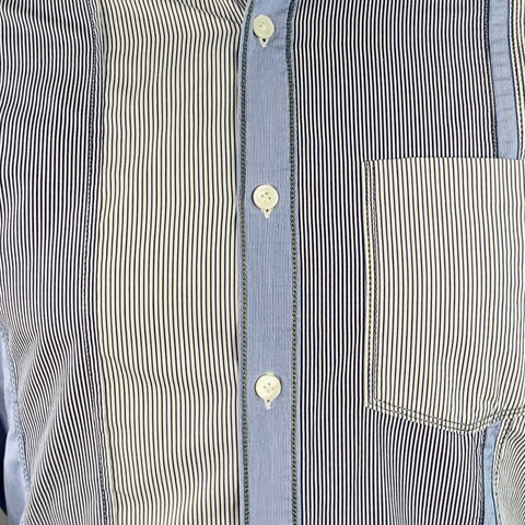 LANVIN Size S White Blue Navy Patchwork Stripe Cotton One Pocket Long Sleeve Shirt