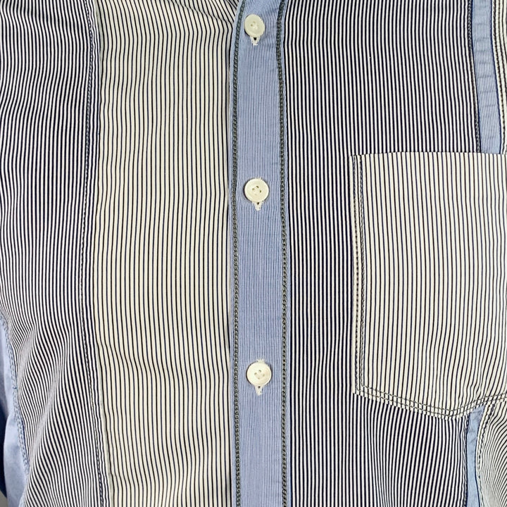 LANVIN Size S White Blue Navy Patchwork Stripe Cotton One Pocket Long Sleeve Shirt
