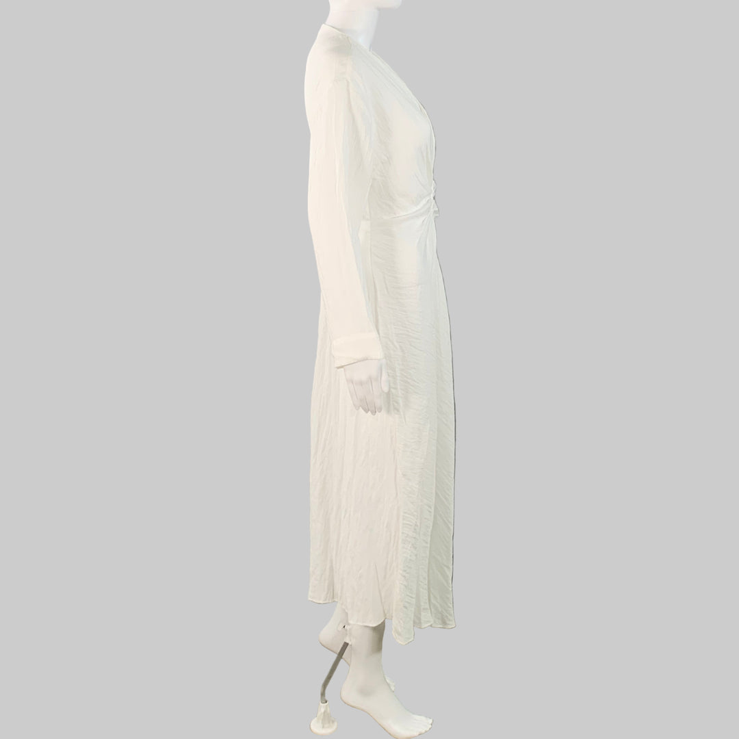 SANDRO Size S White Acetate Blend Wrinkled Ruched Long Sleeve V-Neck Dress