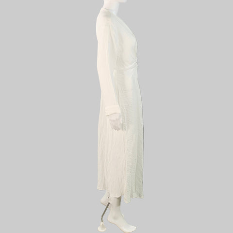 SANDRO Size S White Acetate Blend Wrinkled Ruched Long Sleeve V-Neck Dress
