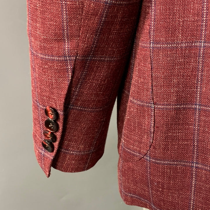 SARTORIO Size 44 Regular Burgundy Windowpane Wool Linen Silk Sport Coat