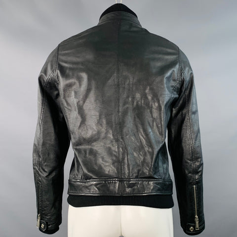 Blouson DSQUARED2 en cuir d'agneau noir avec bordures en maille et double fermeture éclair, taille 38