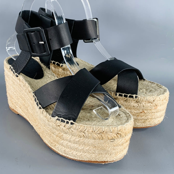 CELINE Size 7 Black Natural Leather Espadrille Sandals