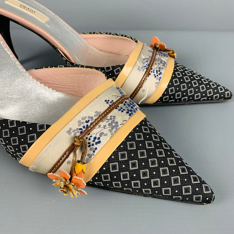 PRADA Talla 7.5 Bombas de mulas florales tipo kimono multicolor negro