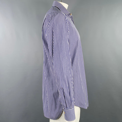 KITON Size XXL Navy White Stripe Cotton Long Sleeve Shirt