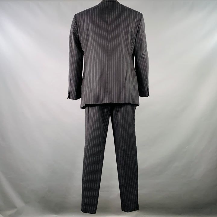 ARMANI COLLEZIONI Size 44 Long Black White Pinstripe Wool Peak Lapel Suit