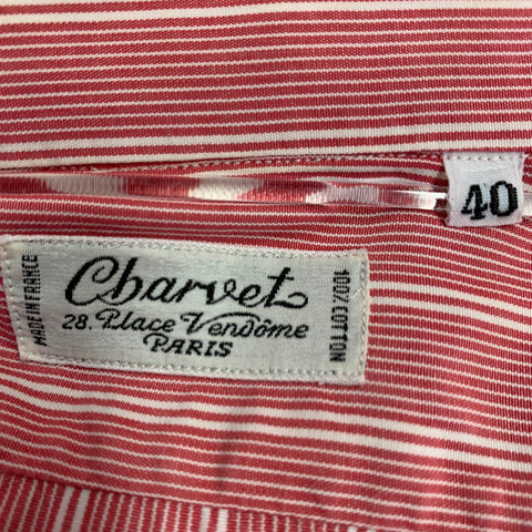 CHARVET Size 40 Red White Stripe Cotton Spread Collar Long Sleeve Shirt