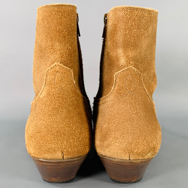 SAINT LAURENT Size 10 Camel Suede Side Zipper Western Cowboy Ankle Boots