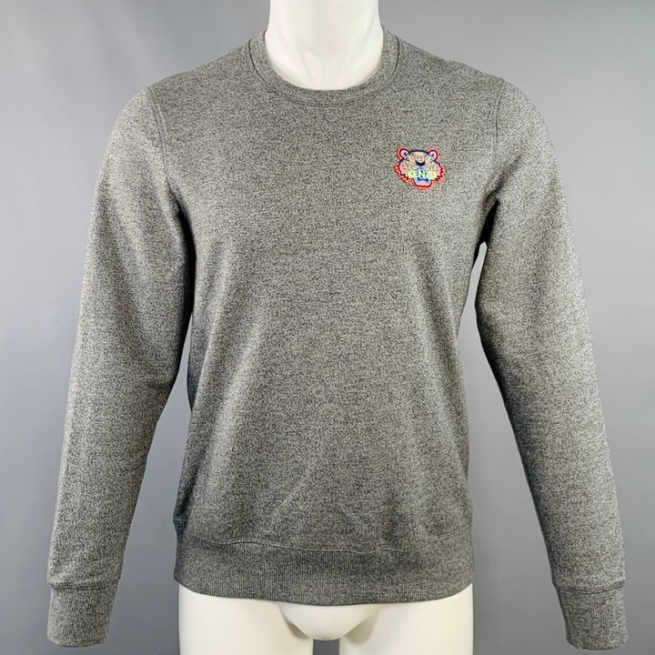 KENZO Size M Grey Heather Logo Patch Cotton Crew Neck Pullover