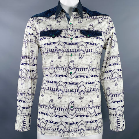 ROBERT GRAHAM Size L Cream Navy Embroidery Cotton Western Long Sleeve Shirt
