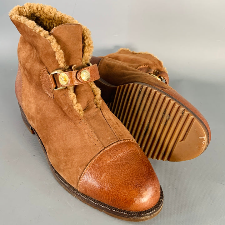 BOTTEGA VENETA Size 8 Camel Leather Suede Fleece Lined Buckle Booties