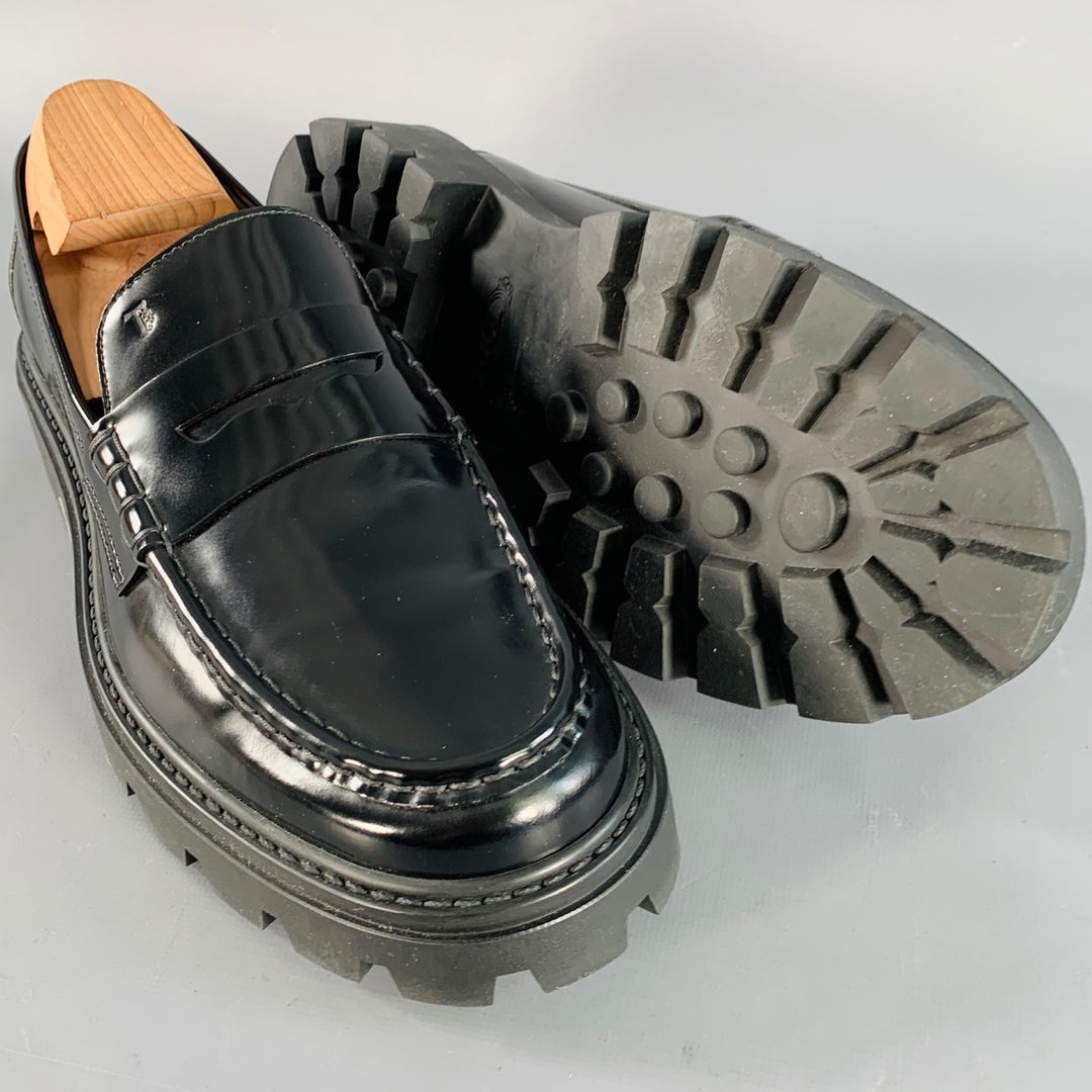 TOD'S Size 11 Black Patent Leather Lug Sole Penny Loafers Flats