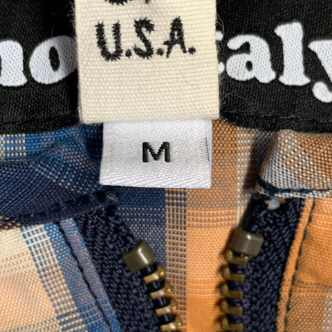 MONITALY Size M Blue Orange Plaid Cotton Collarless 1/4 Zip Pullover