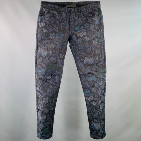BURBERRY Size 32 Navy Brown Tapestry Polyester Cotton Tapered Slim Jeans