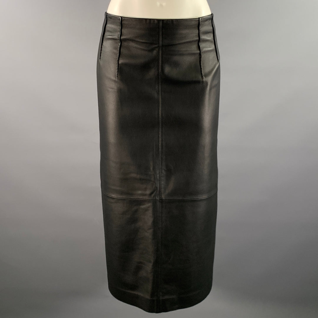 LAFAYETTE 148 Size 12 Black Leather Lambskin Pencil Mid-Calf Skirt