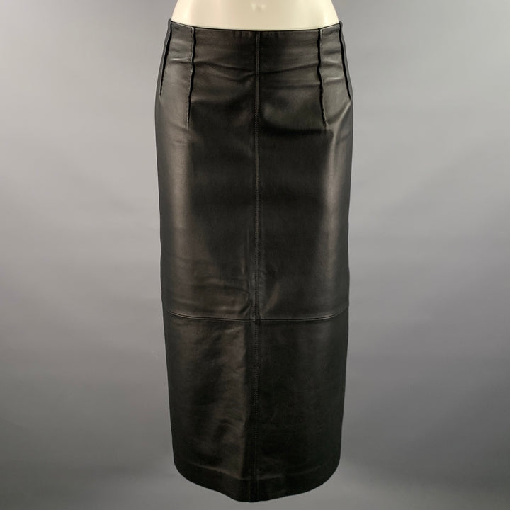 LAFAYETTE 148 Size 12 Black Leather Lambskin Pencil Mid-Calf Skirt
