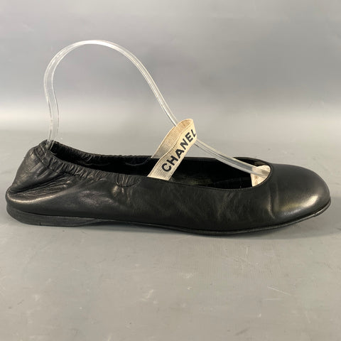CHANEL Size 9.5 Black Leather Ballet Flats