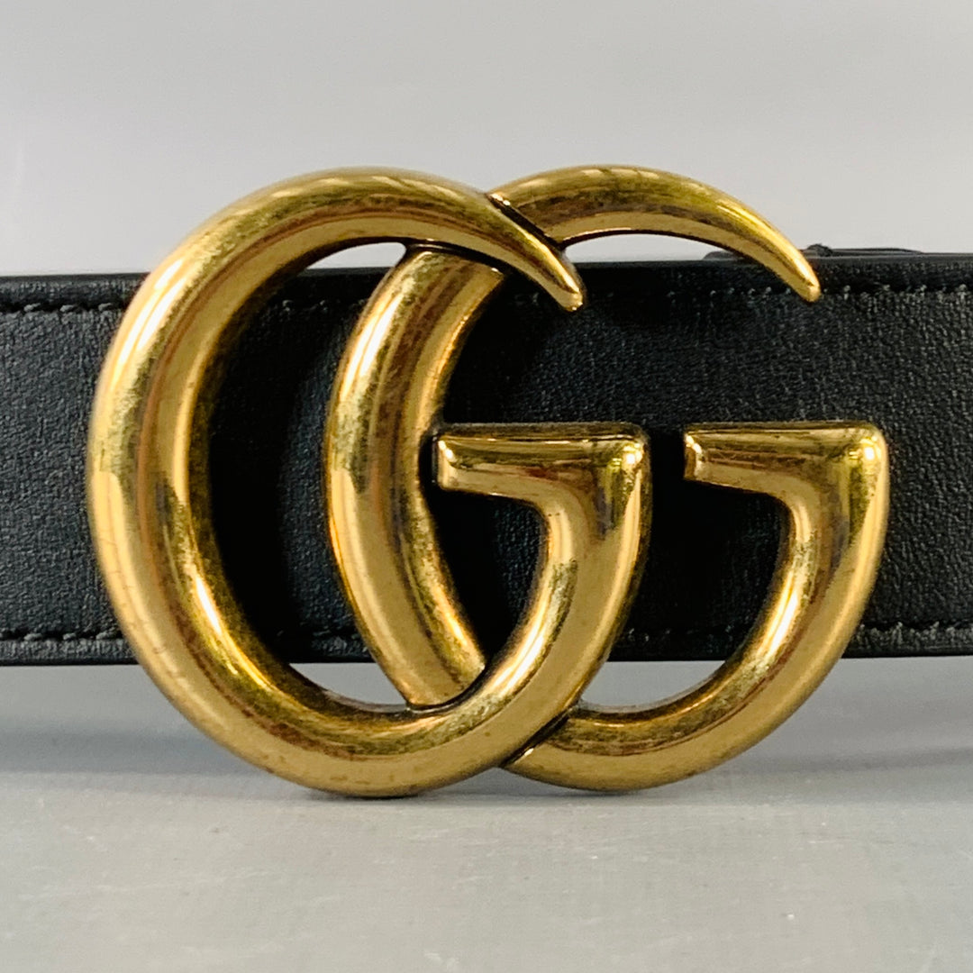 GUCCI Size 36 Black Gold Monogram Leather Belt