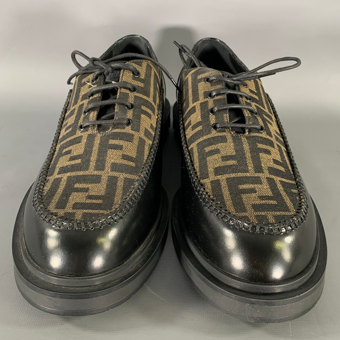 FENDI Size 10 Black Brown Monogram Leather Lace Up Shoes