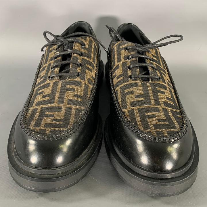 FENDI Size 10 Black Brown Monogram Leather Lace Up Shoes