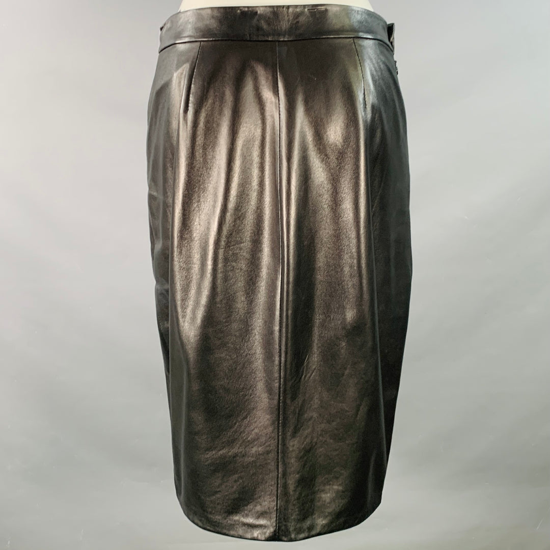 L'AGENCE Size 8 Black Pleated Lambskin Leather Pencil Below Knee Skirt