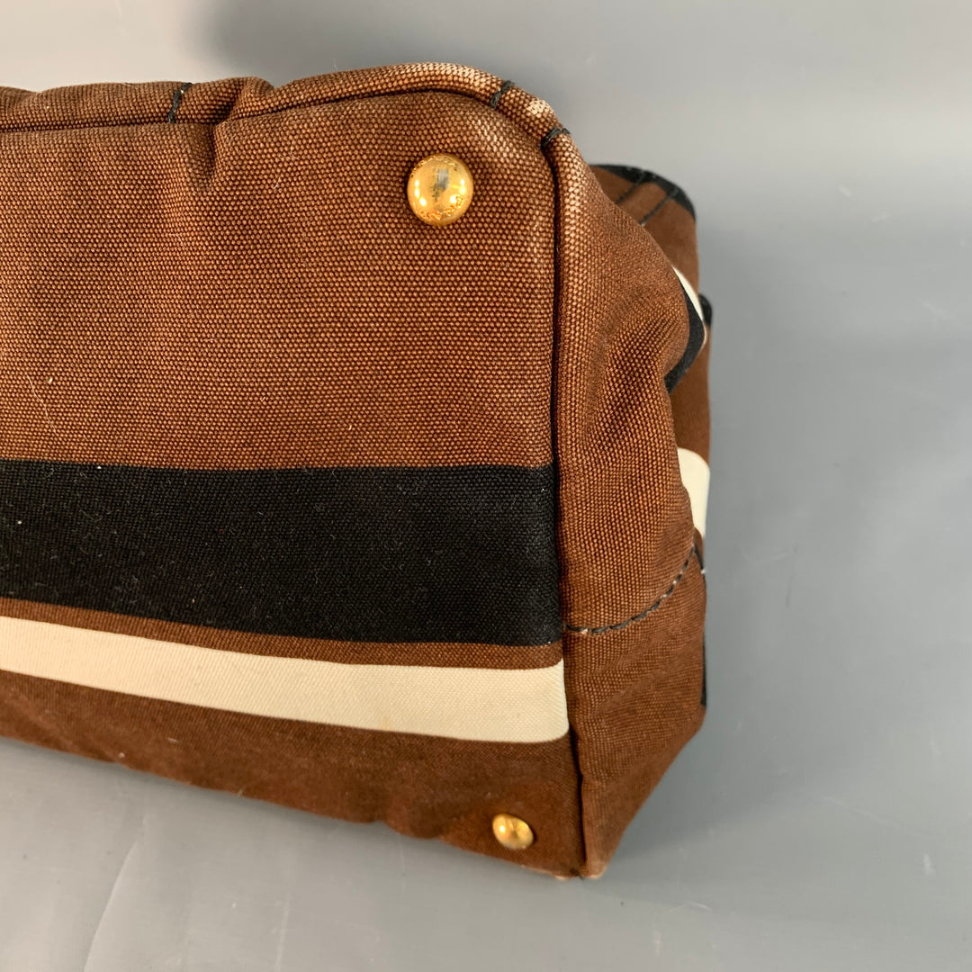 PRADA Canapa Brown Black White Stripe Canvas Open Top Tote Handbag