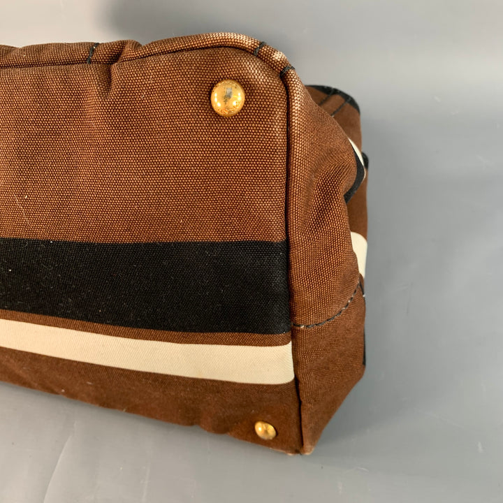 PRADA Canapa Brown Black White Stripe Canvas Open Top Tote Handbag
