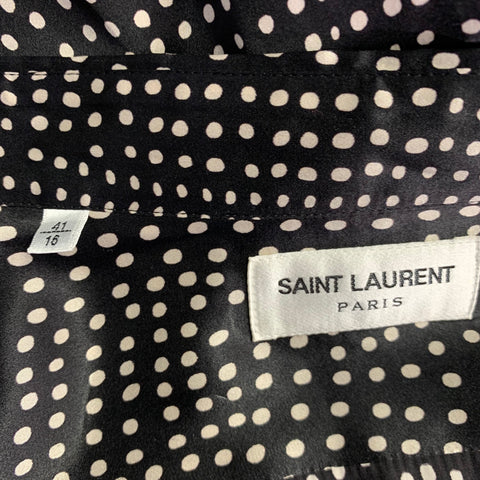 SAINT LAURENT Size M Black White Polka Dot Silk Hidden Buttons Long Sleeve Shirt