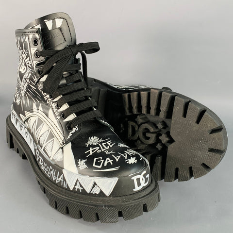 DOLCE & GABBANA Size 8 Black White Painted Chunky Lug Sole Combat Boots