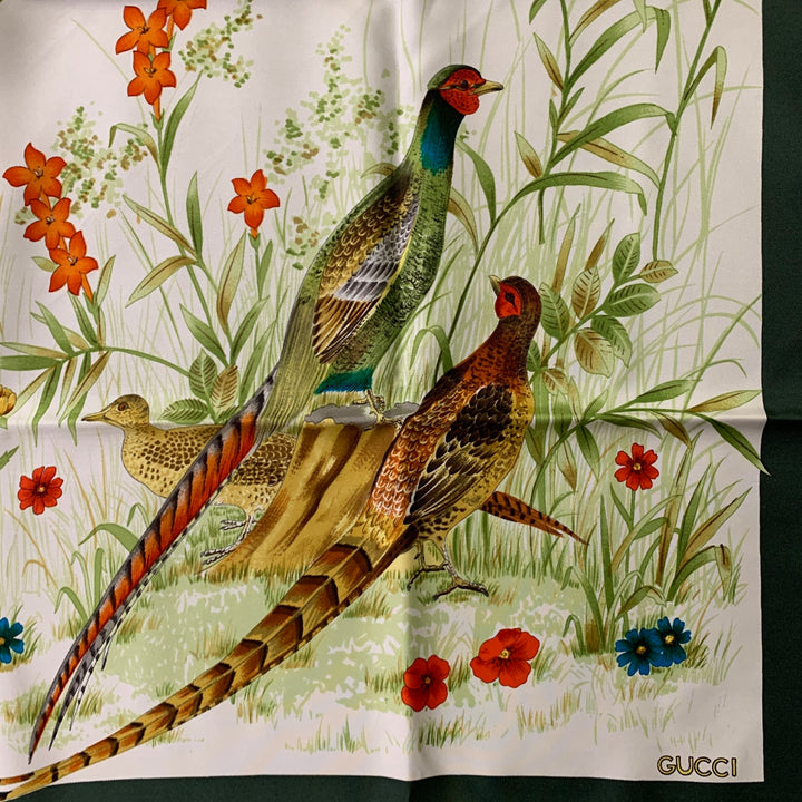 GUCCI Green Multi Color Birds Silk Square Scarf Shawl