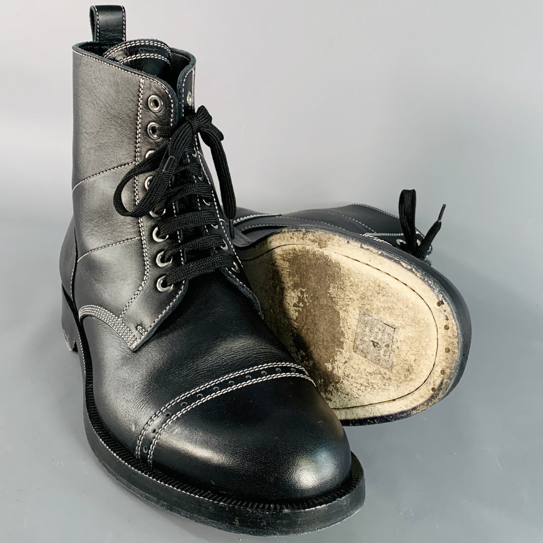 LOEWE FW17 Size 12 Black White Contrast Stitch Leather Military Boots