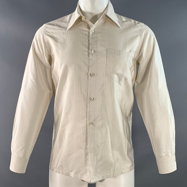 PRADA Size S White Beige Stripe Silk Curved Cutaway One Pocket Long Sleeve Shirt