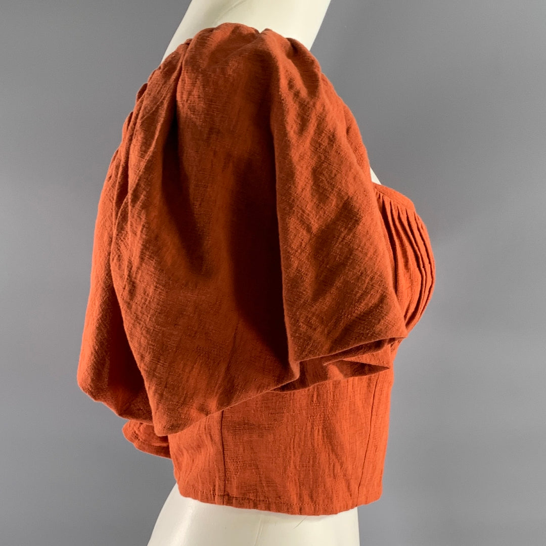 JONATHAN SIMKHAI Size 8 Orange Rust Linen Cotton Ruffle Shoulder Cropped Top