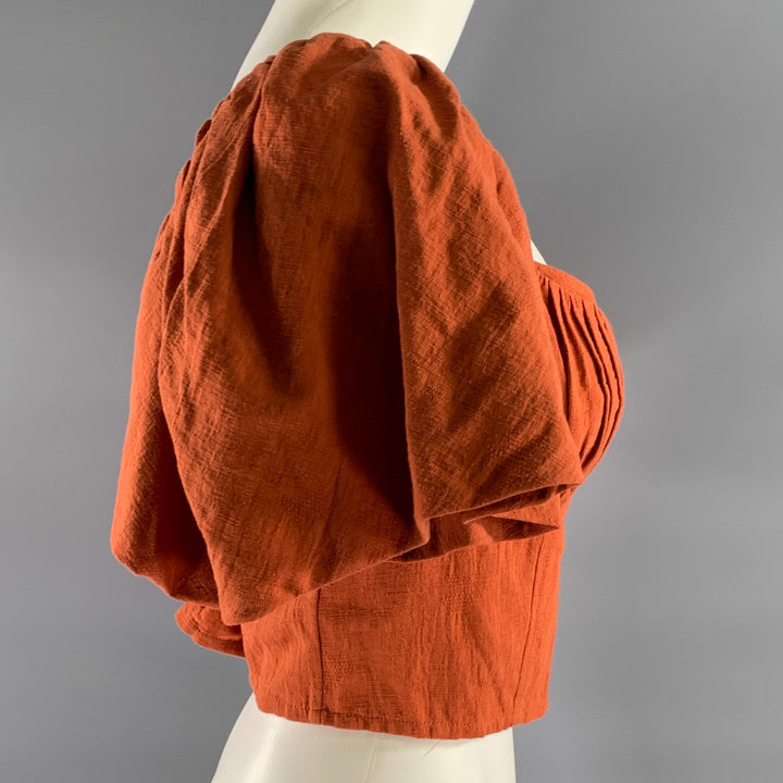 JONATHAN SIMKHAI Size 8 Orange Rust Linen Cotton Ruffle Shoulder Cropped Top