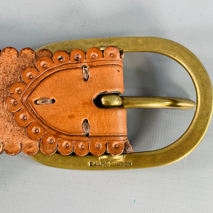 RALPH LAUREN Size M Brown Embossed Lasercut Floral Leather Western Belt