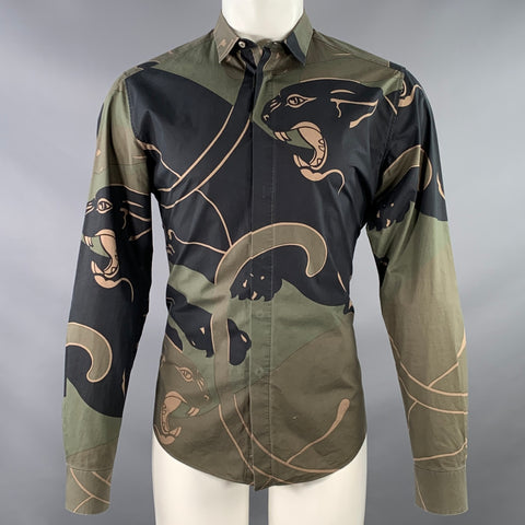 VALENTINO Size M Green Black Panther Print Cotton Button Up Long Sleeve Shirt