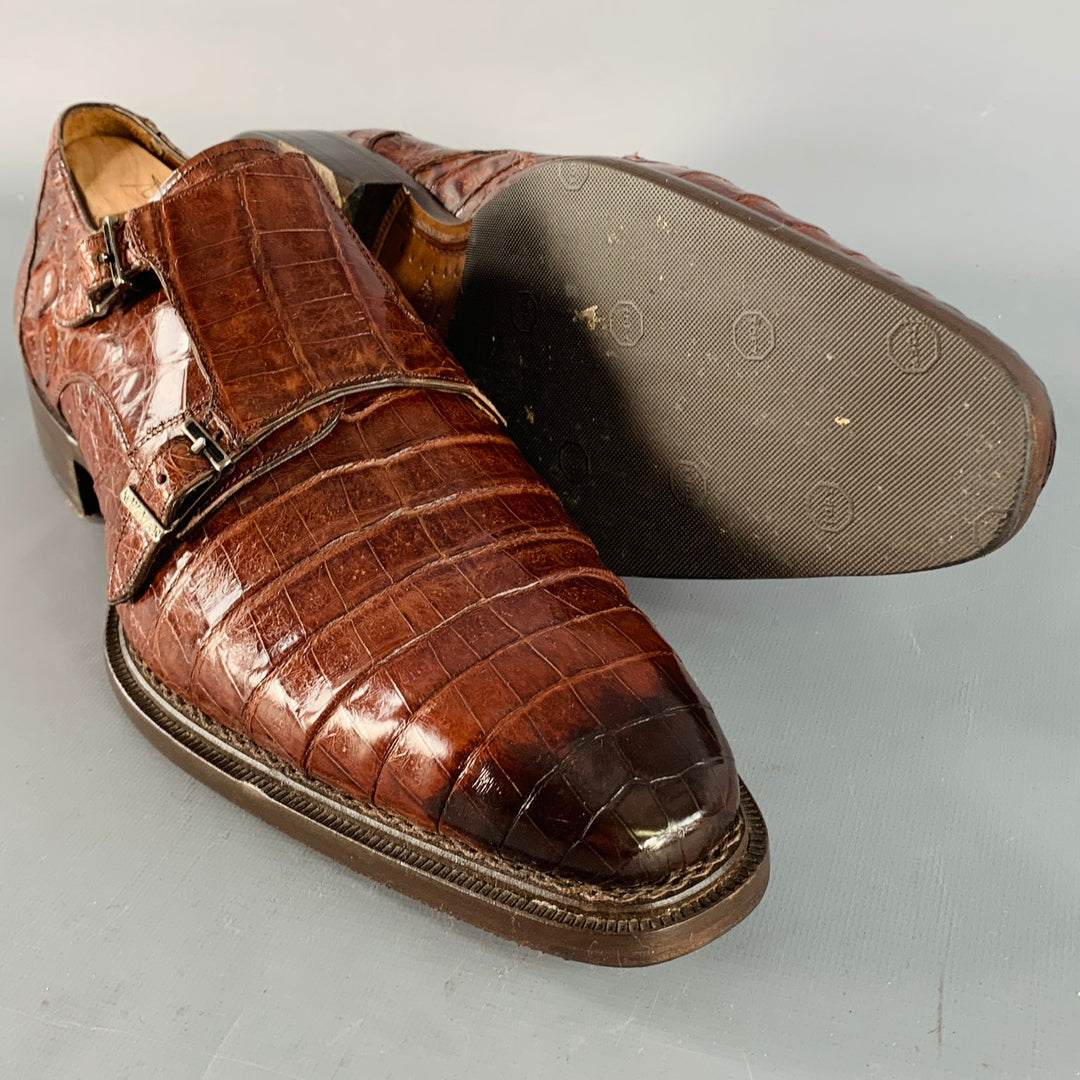 MEZLAN Size 11 Brown Crocodile Leather Double Monk Strap Loafers