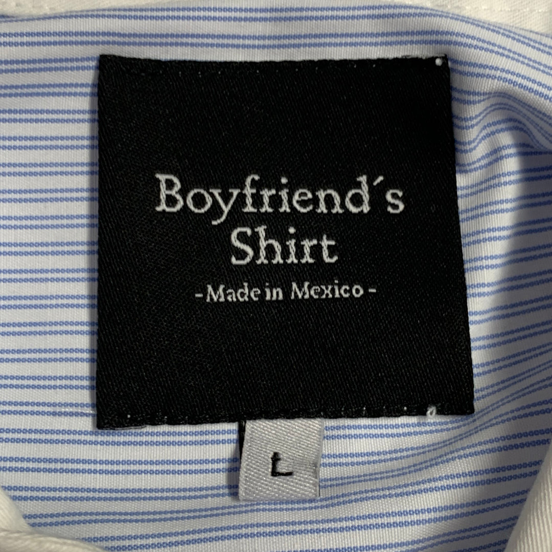 BOYFRIEND'S SHIRT Size L Blue White Stripe Cotton Asymmetrical Long Sleeve Shirt