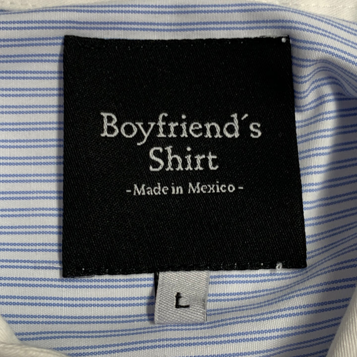 BOYFRIEND'S SHIRT Size L Blue White Stripe Cotton Asymmetrical Long Sleeve Shirt