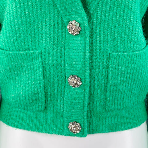 GANNI Size S Green Alpaca Blend Rhinestones Cropped Cardigan