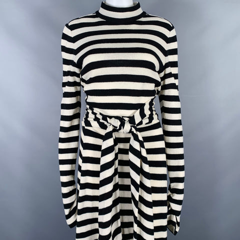 MARC JACOBS Size 6 Black White Wool Nylon Stripe Belted Dress