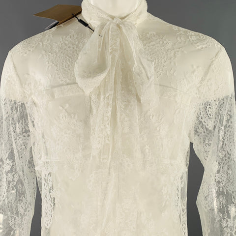 BURBERRY Size XS White Lace Viscose Blend Bow Long Sleeve Shirt