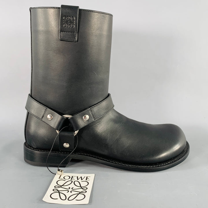 LOEWE Size 9 Campo Black Silver Harness Leather Pull On Boots